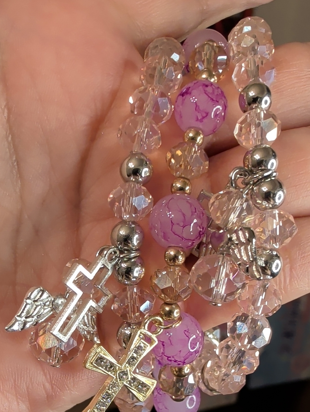 3 Glass Pink Crystal Beaded Cross and Angel Charm Bracelet Set